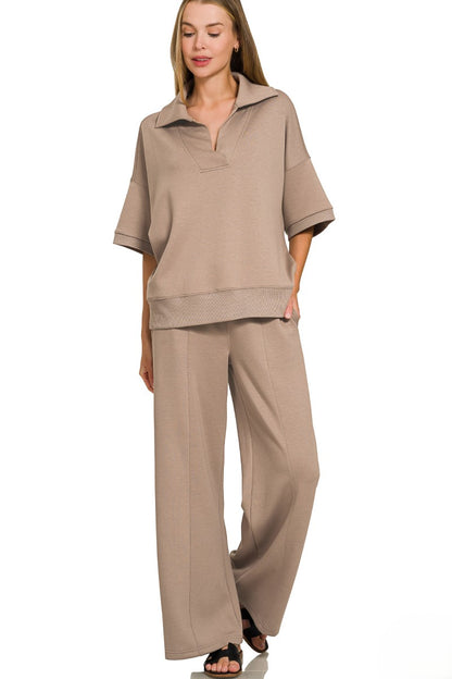 Scuba Collared Pullover and Pleated-Front Pants Lounge Set