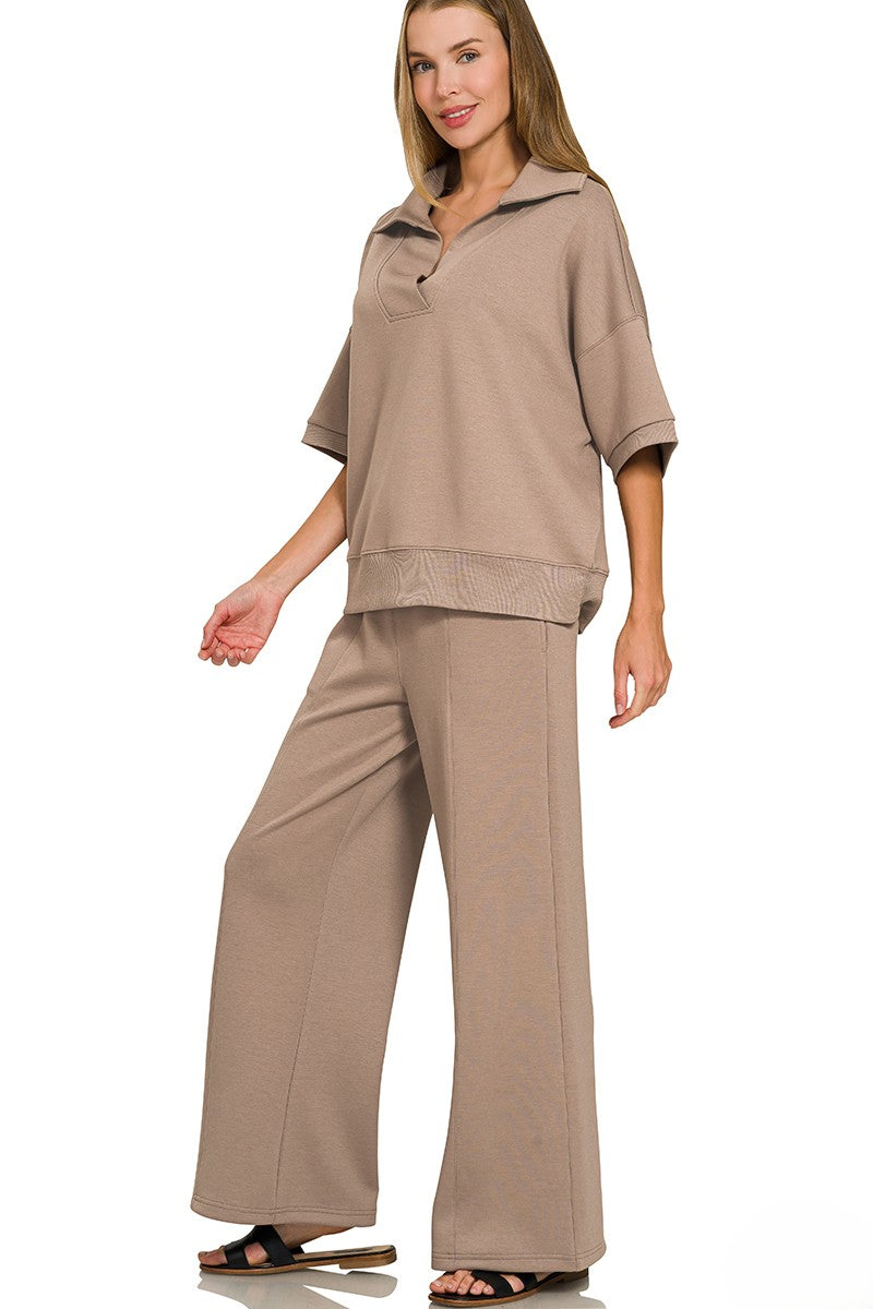 Scuba Collared Pullover and Pleated-Front Pants Lounge Set