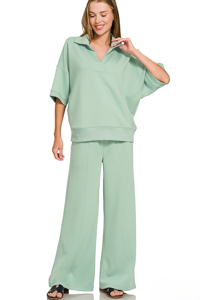 Scuba Collared Pullover and Pleated-Front Pants Lounge Set