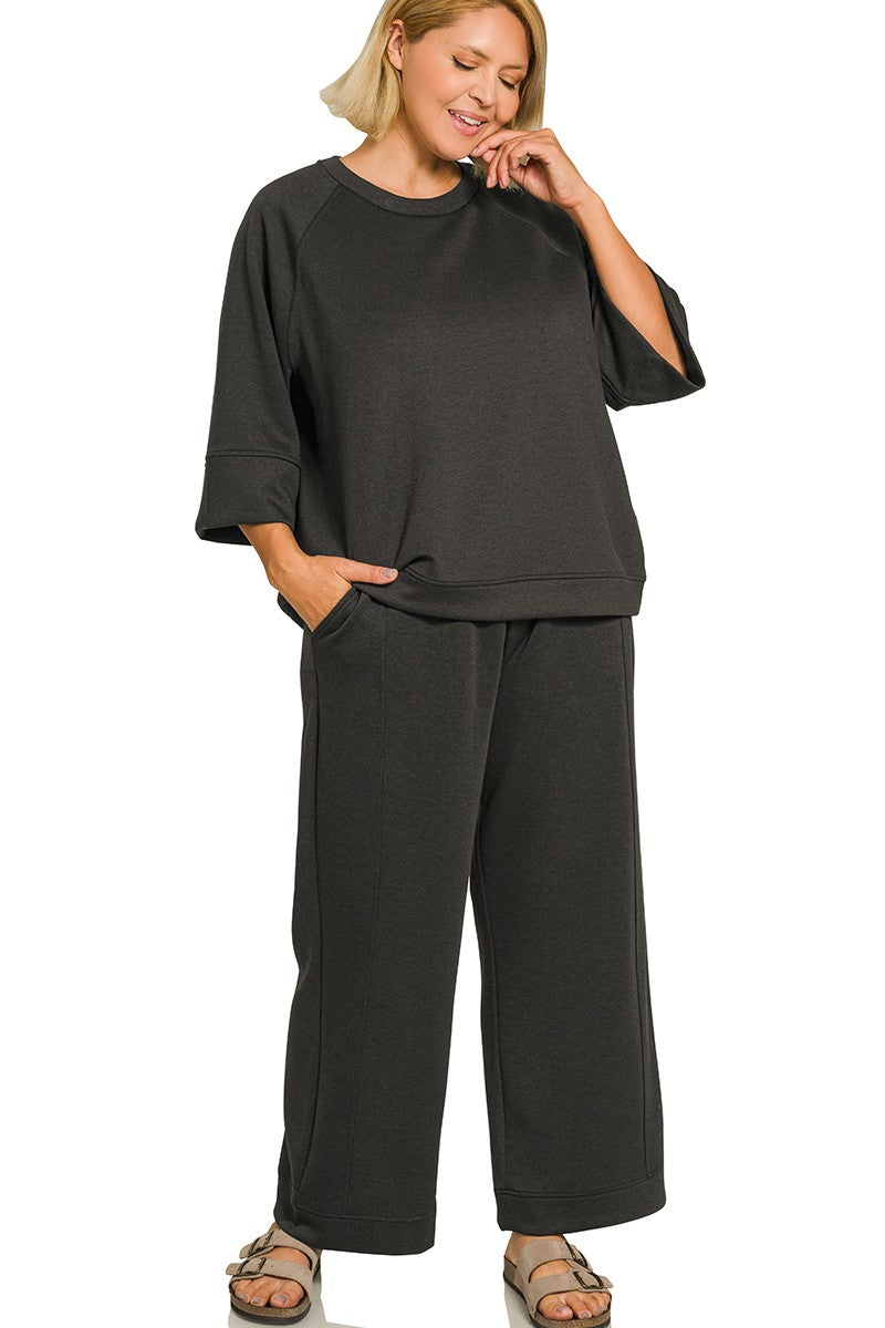 Plus Scuba Three-Quarter Sleeve Pullover and Pants Lounge Set