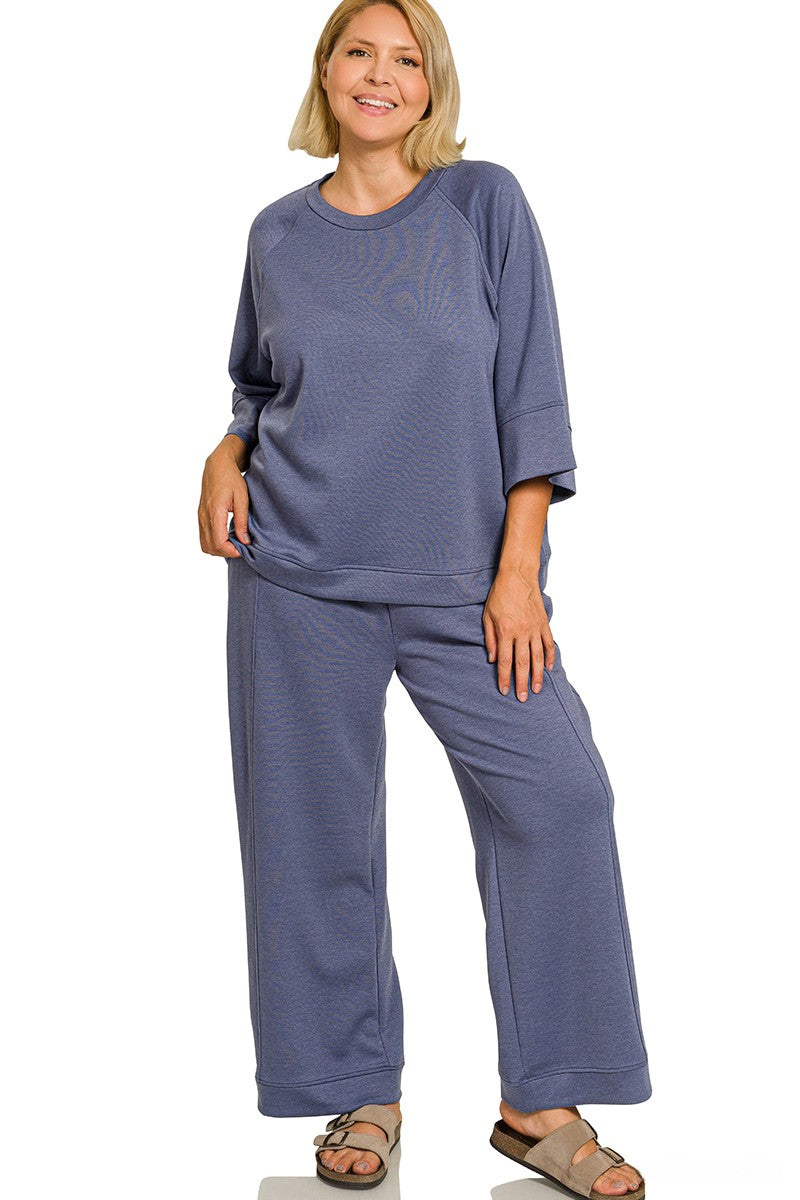 Plus Scuba Three-Quarter Sleeve Pullover and Pants Lounge Set