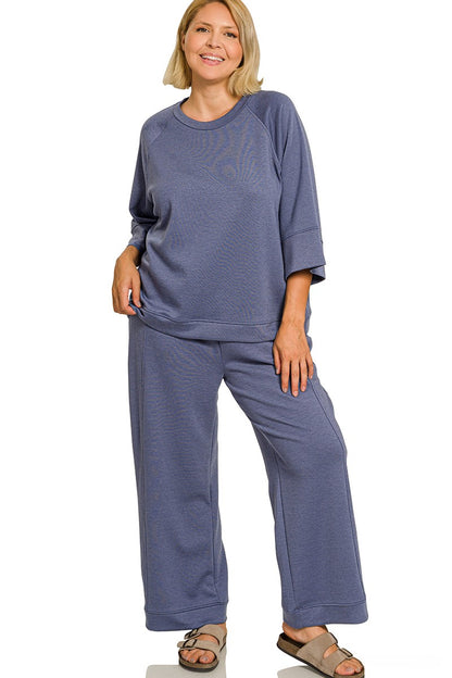 Plus Scuba Three-Quarter Sleeve Pullover and Pants Lounge Set