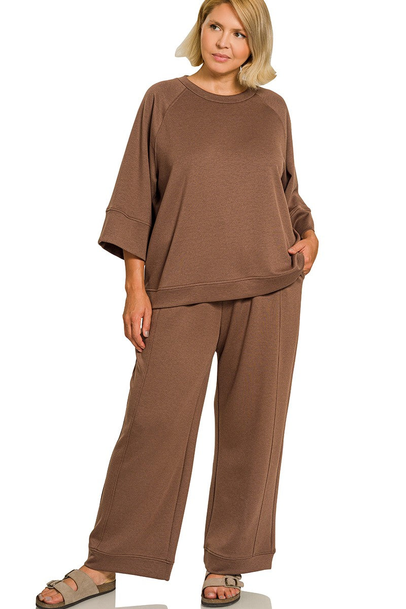Plus Scuba Three-Quarter Sleeve Pullover and Pants Lounge Set