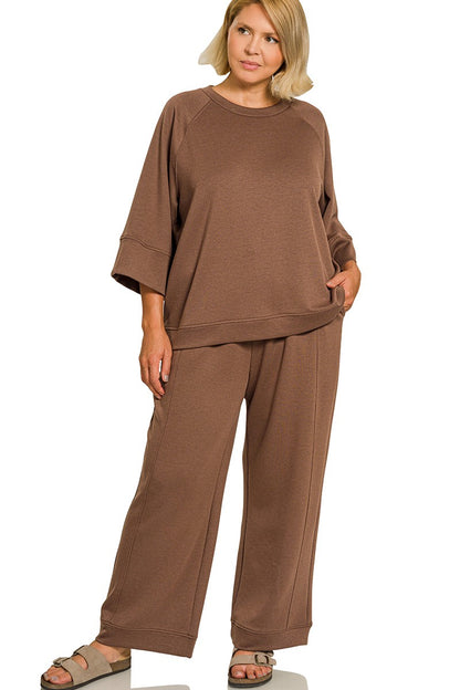 Plus Scuba Three-Quarter Sleeve Pullover and Pants Lounge Set
