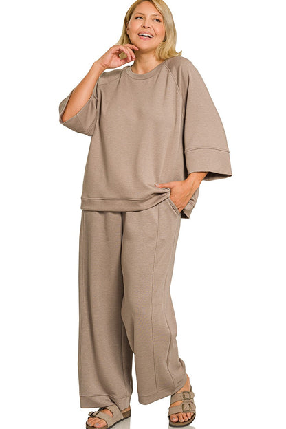 Plus Scuba Three-Quarter Sleeve Pullover and Pants Lounge Set