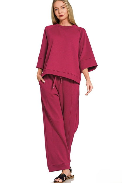 Plus Scuba Three-Quarter Sleeve Pullover and Pants Lounge Set