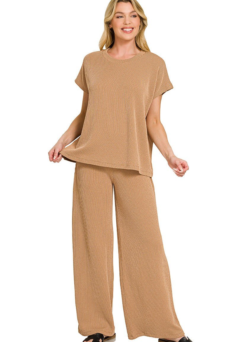 Raised-Rib Relaxed Pullover and Straight-Leg Pants Lounge Set