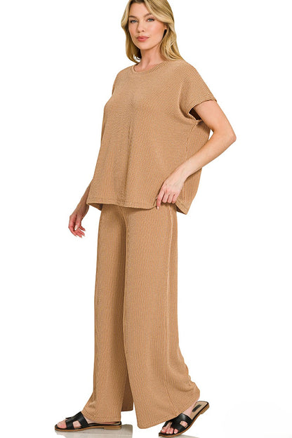 Raised-Rib Relaxed Pullover and Straight-Leg Pants Lounge Set