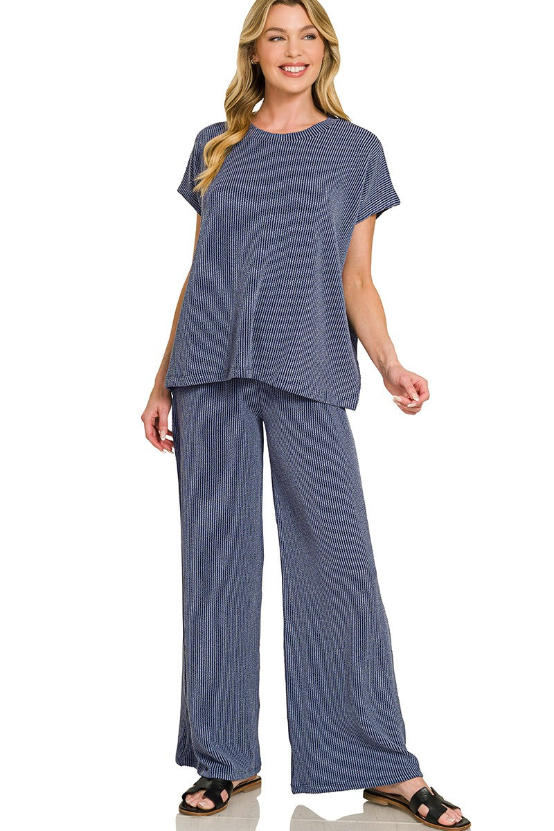 Raised-Rib Relaxed Pullover and Straight-Leg Pants Lounge Set