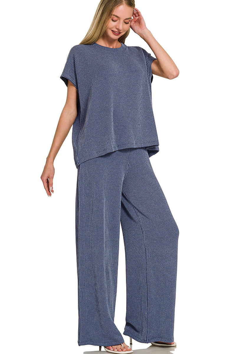 Raised-Rib Relaxed Pullover and Straight-Leg Pants Lounge Set