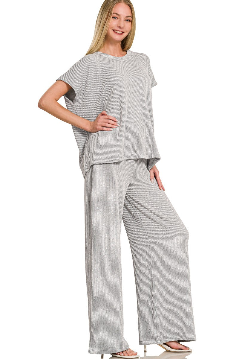 Raised-Rib Relaxed Pullover and Straight-Leg Pants Lounge Set