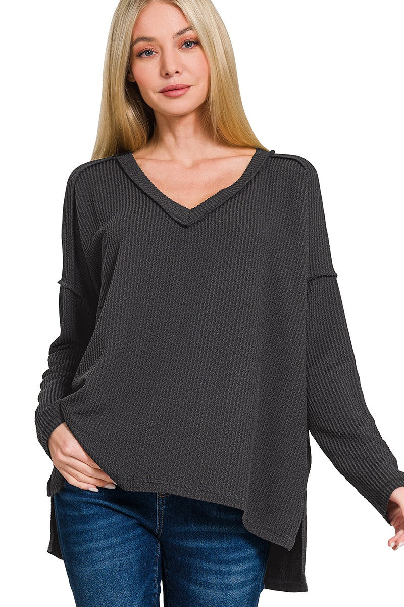 Premium Raised-Rib V-Neck Hi-Low Pullover