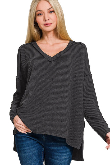 Premium Raised-Rib V-Neck Hi-Low Pullover