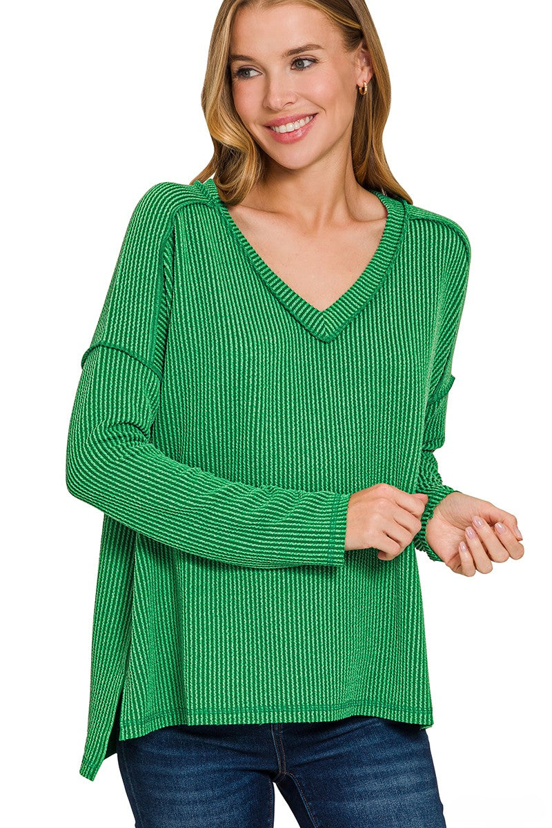 Premium Raised-Rib V-Neck Hi-Low Pullover