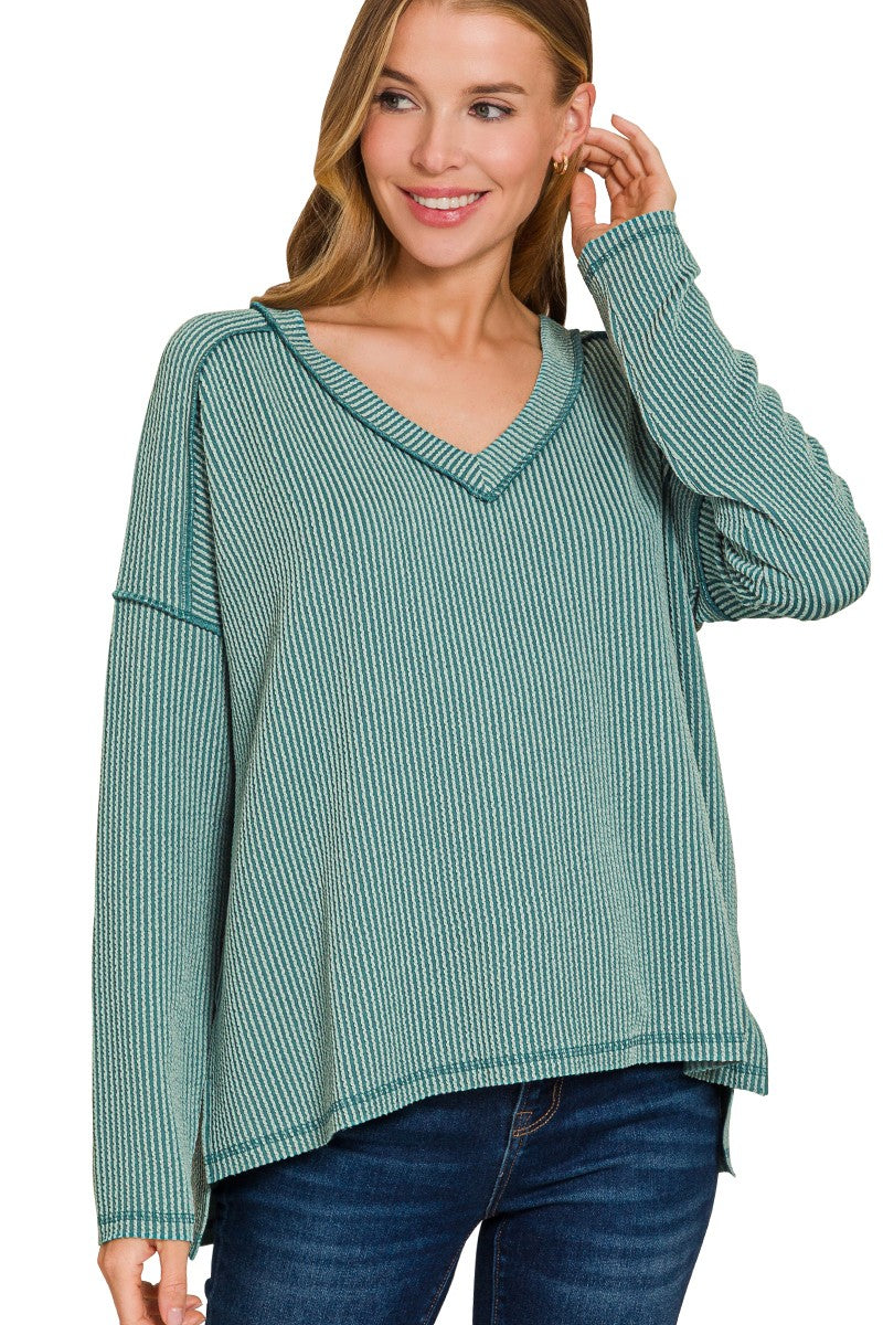 Premium Raised-Rib V-Neck Hi-Low Pullover