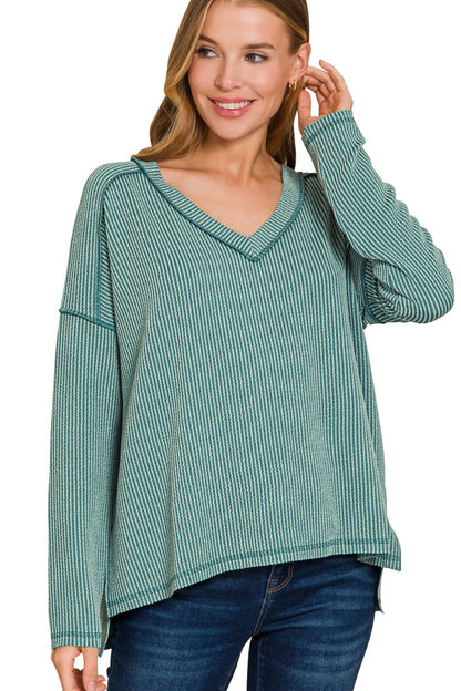 Premium Raised-Rib V-Neck Hi-Low Pullover