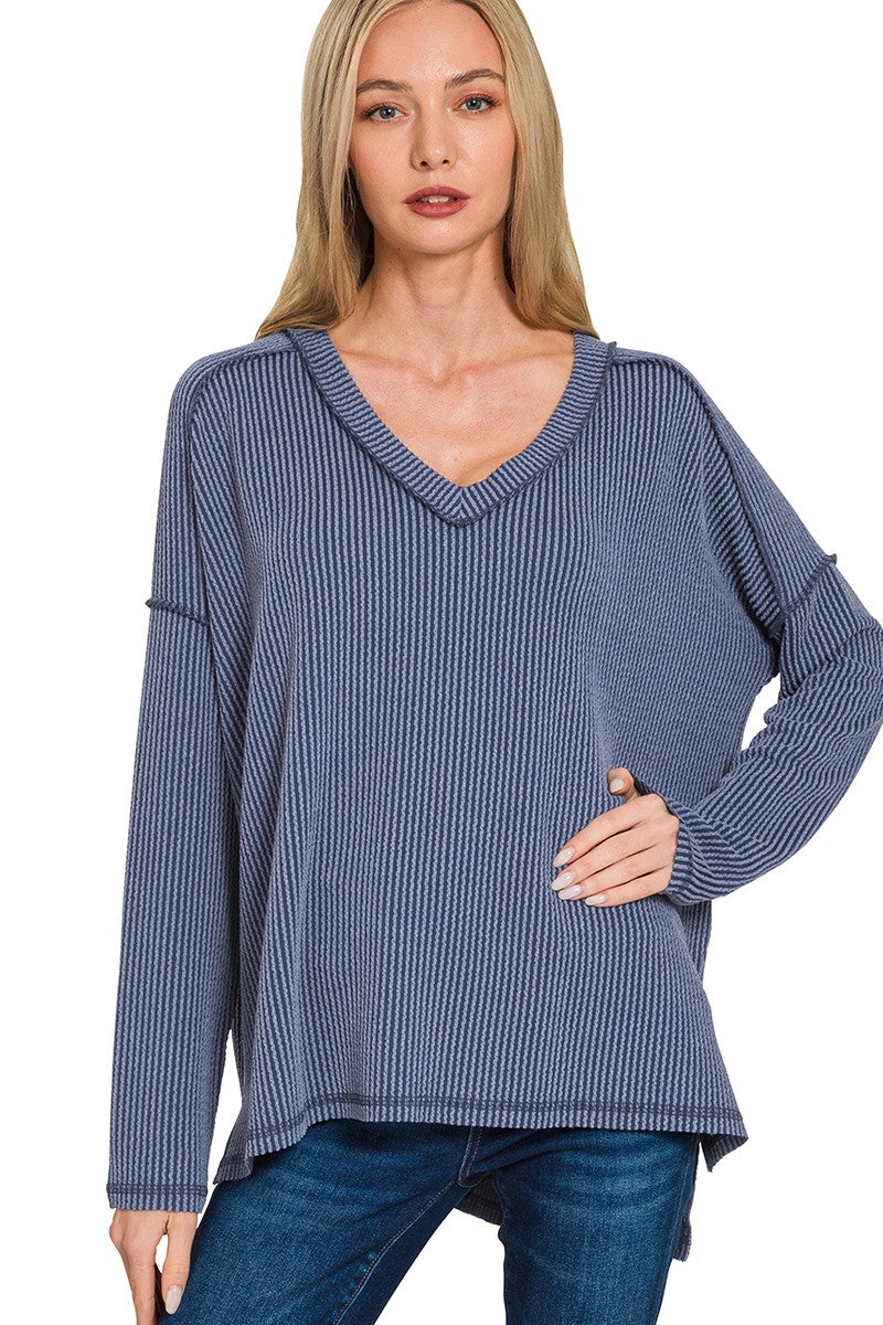 Premium Raised-Rib V-Neck Hi-Low Pullover