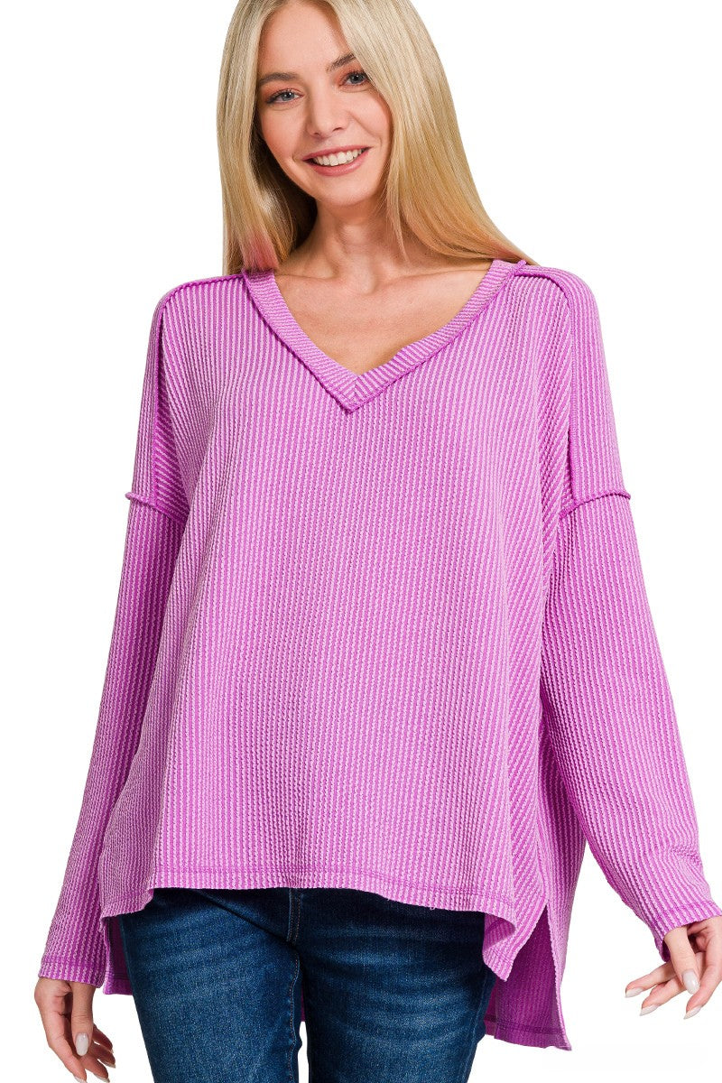 Premium Raised-Rib V-Neck Hi-Low Pullover