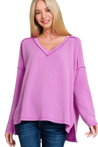 Premium Raised-Rib V-Neck Hi-Low Pullover
