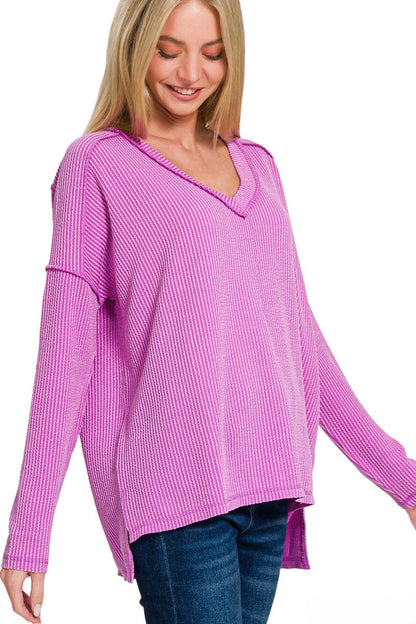 Premium Raised-Rib V-Neck Hi-Low Pullover