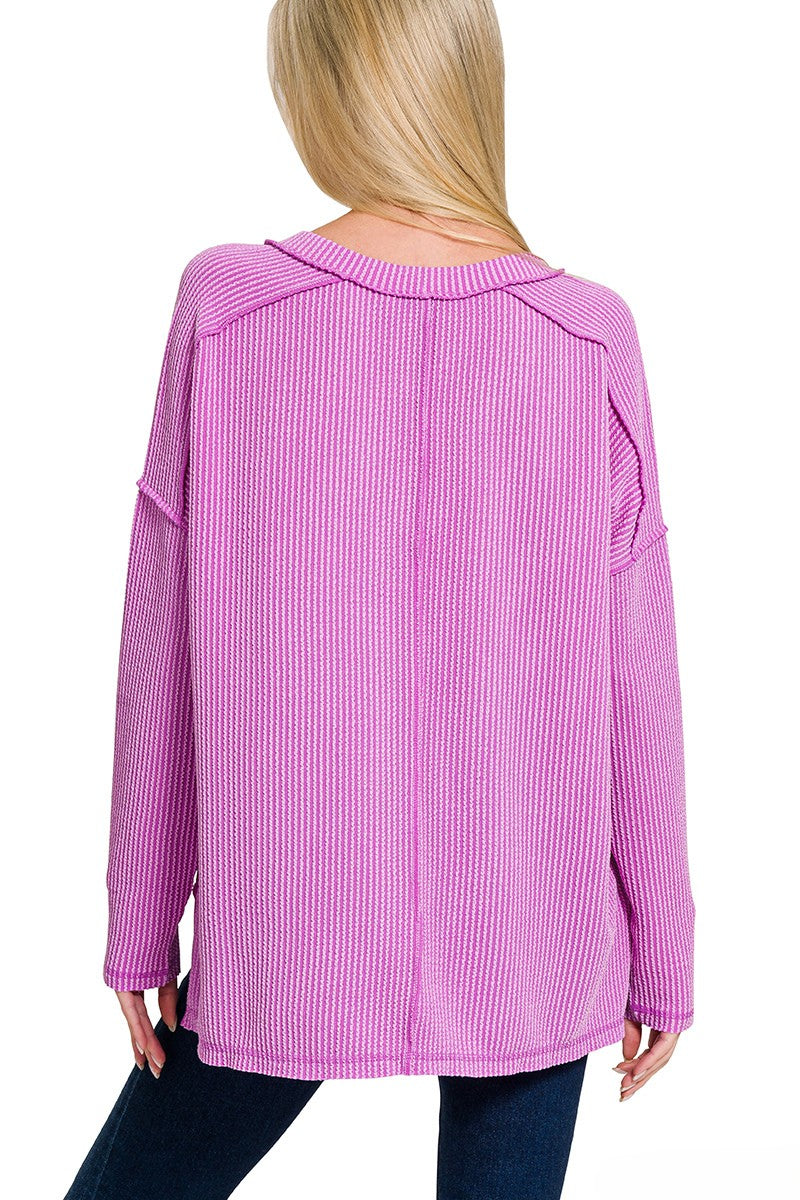 Premium Raised-Rib V-Neck Hi-Low Pullover