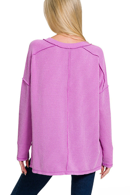 Premium Raised-Rib V-Neck Hi-Low Pullover