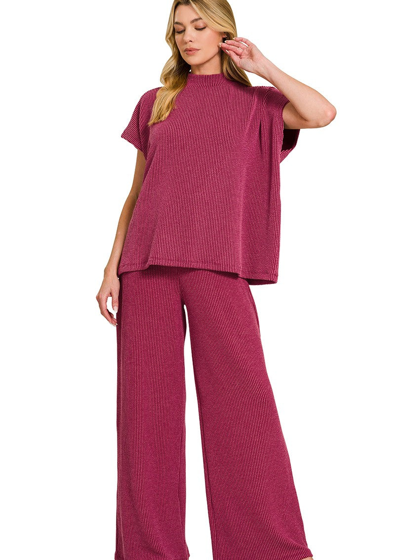Soft Raised Rib Knit Lounge Set: Tee & Pants