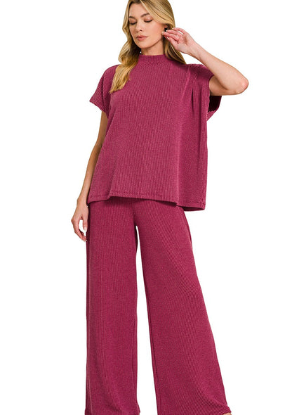 Soft Raised Rib Knit Lounge Set: Tee & Pants