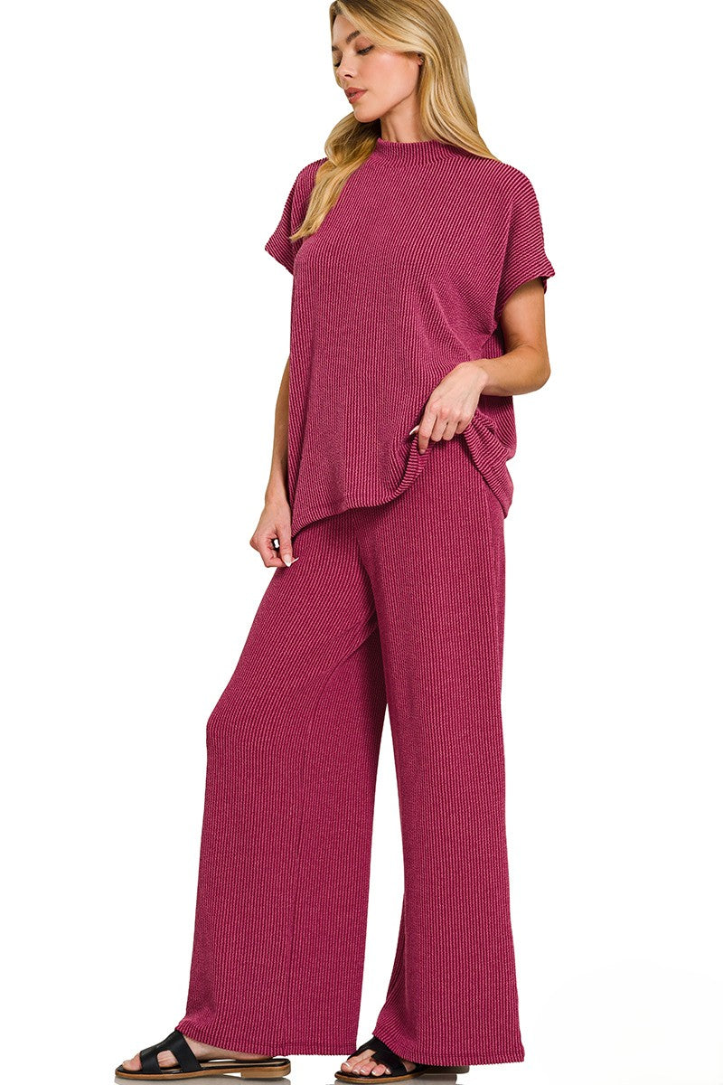 Soft Raised Rib Knit Lounge Set: Tee & Pants