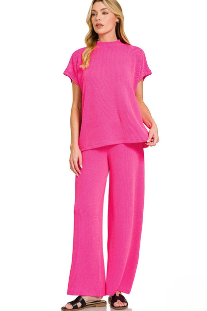 Soft Raised Rib Knit Lounge Set: Tee & Pants