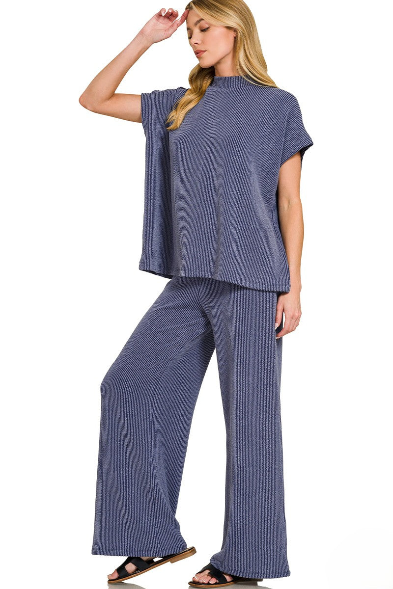 Soft Raised Rib Knit Lounge Set: Tee & Pants