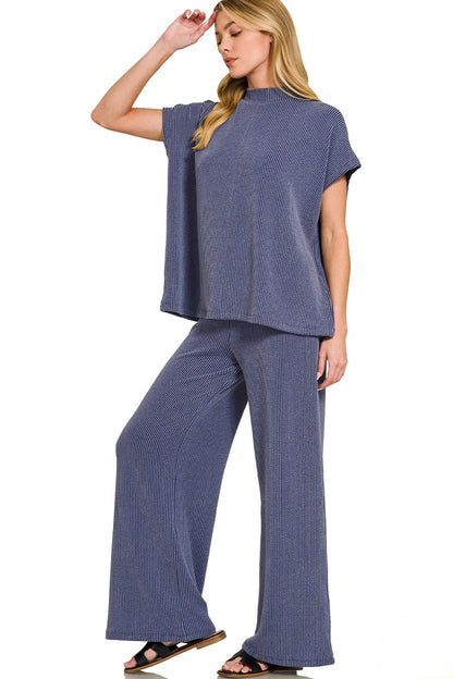 Soft Raised Rib Knit Lounge Set: Tee & Pants