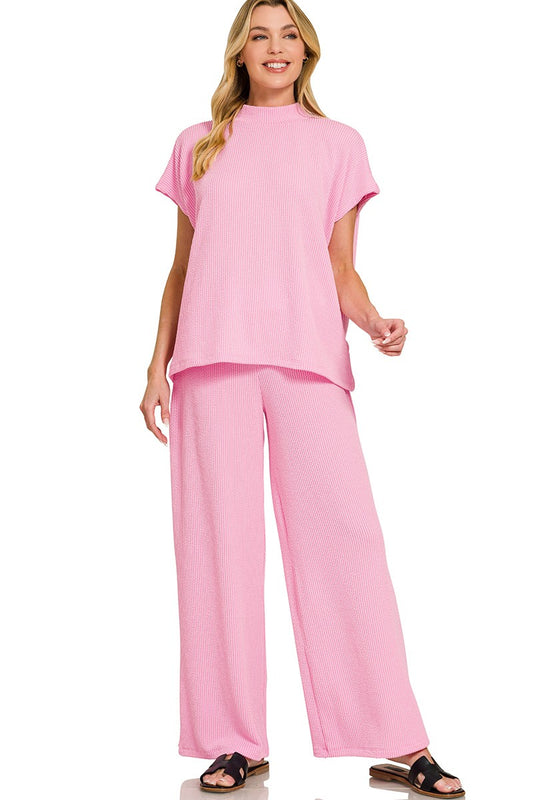 Soft Raised Rib Knit Lounge Set: Tee & Pants
