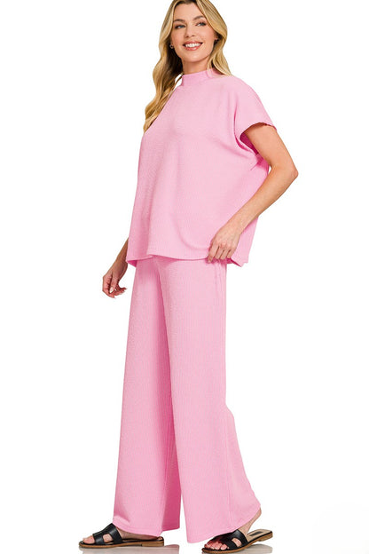 Soft Raised Rib Knit Lounge Set: Tee & Pants