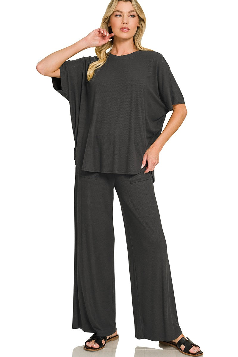 Ribbed Rayon Relaxed-Fit Flowy Pants Lounge Set