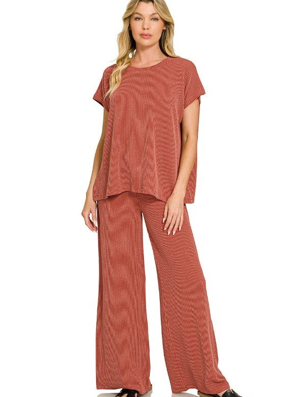 Raised-Rib Relaxed Pullover and Straight-Leg Pants Lounge Set