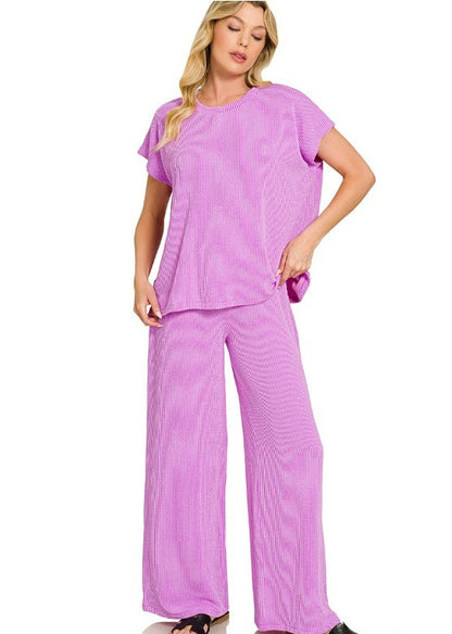 Raised-Rib Relaxed Pullover and Straight-Leg Pants Lounge Set