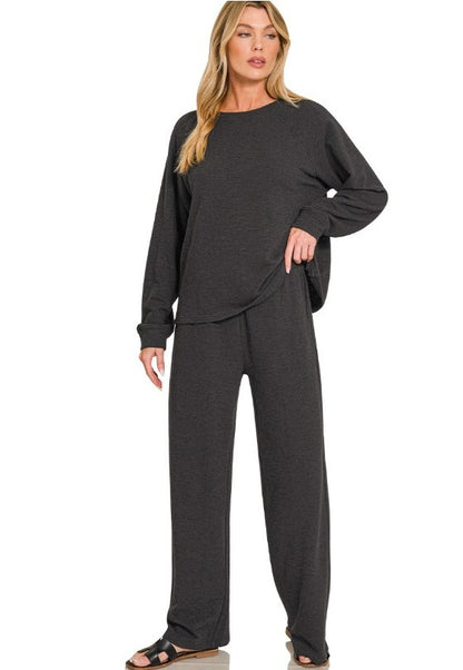Slub-Knit Long-Sleeve Pullover and Pants Two-Piece Lounge Set
