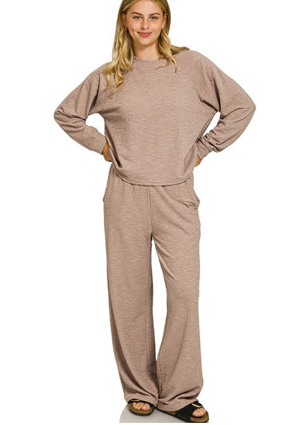 Slub-Knit Long-Sleeve Pullover and Pants Two-Piece Lounge Set