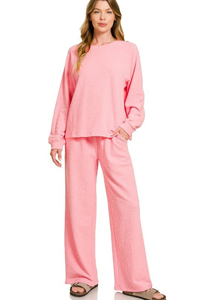 Slub-Knit Long-Sleeve Pullover and Pants Two-Piece Lounge Set