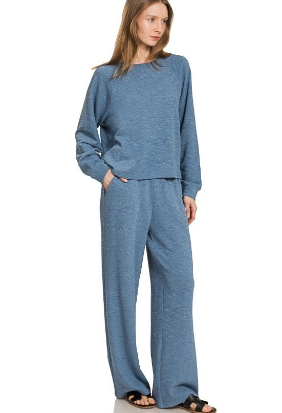 Slub-Knit Long-Sleeve Pullover and Pants Two-Piece Lounge Set