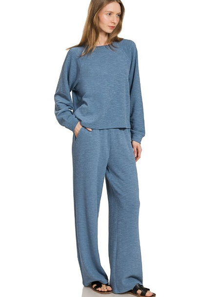 Slub-Knit Long-Sleeve Pullover and Pants Two-Piece Lounge Set