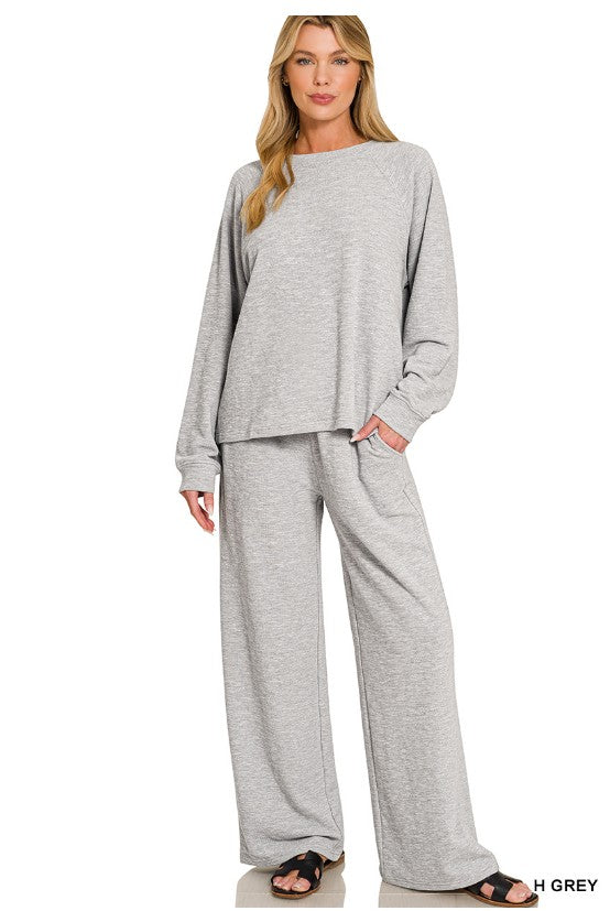 Slub-Knit Long-Sleeve Pullover and Pants Two-Piece Lounge Set
