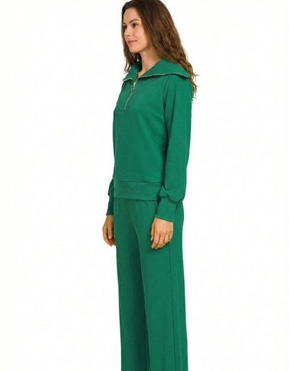 Ribbed Mock Neck Half-Zip Sweater & Trouser Set
