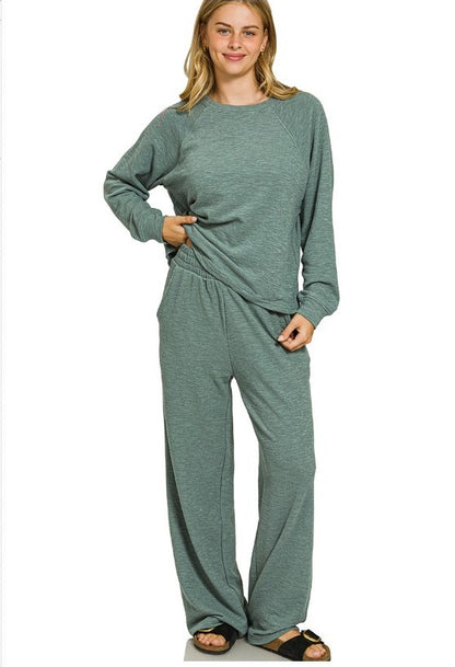 Slub-Knit Long-Sleeve Pullover and Pants Two-Piece Lounge Set