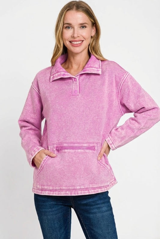 Washed Fleece Snap-Neck Pullover with Kangaroo Pocket