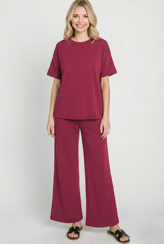 2-Piece Scuba Set: Curved Hem Oversized Top & Bell Bottom Pants